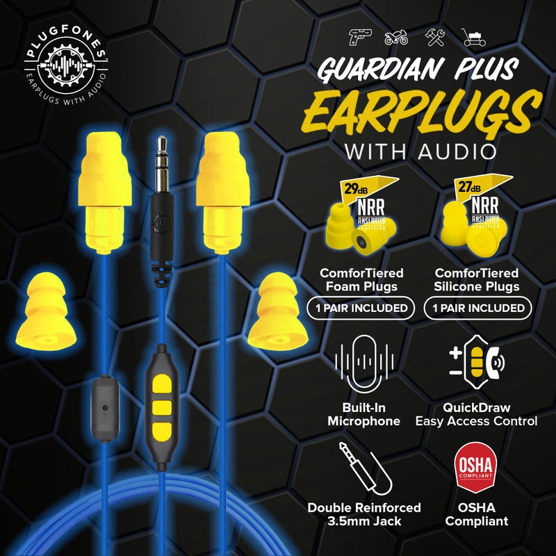 Plugfones Guardian Plus in-Ear Earplug Earbud Hybrid - Noise Reduction in-Ear Headphones with Noise Isolating Mic and Controls (Yellow & Blue) - Image 2